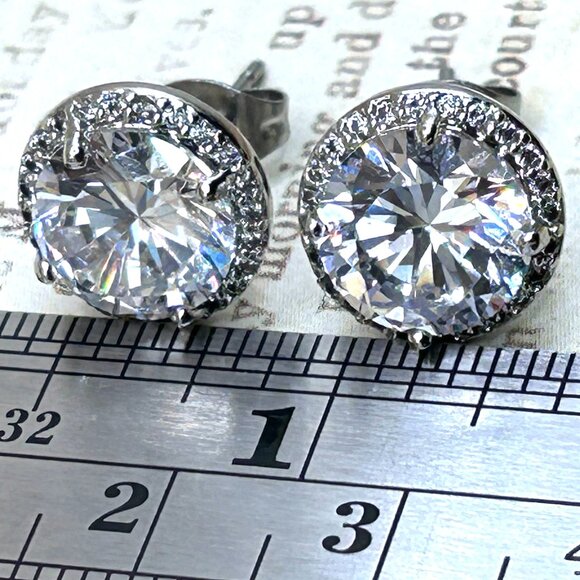 14K White Gold Plated CZ Halo Large Elegant Stud Earrings - Picture 4 of 7